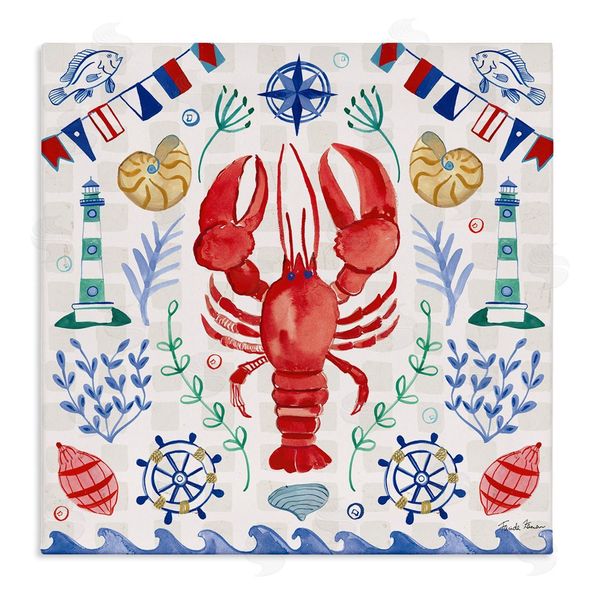 Farida Zaman Lobster on Nautical Pattern Stretched Canvas Wall Art Print