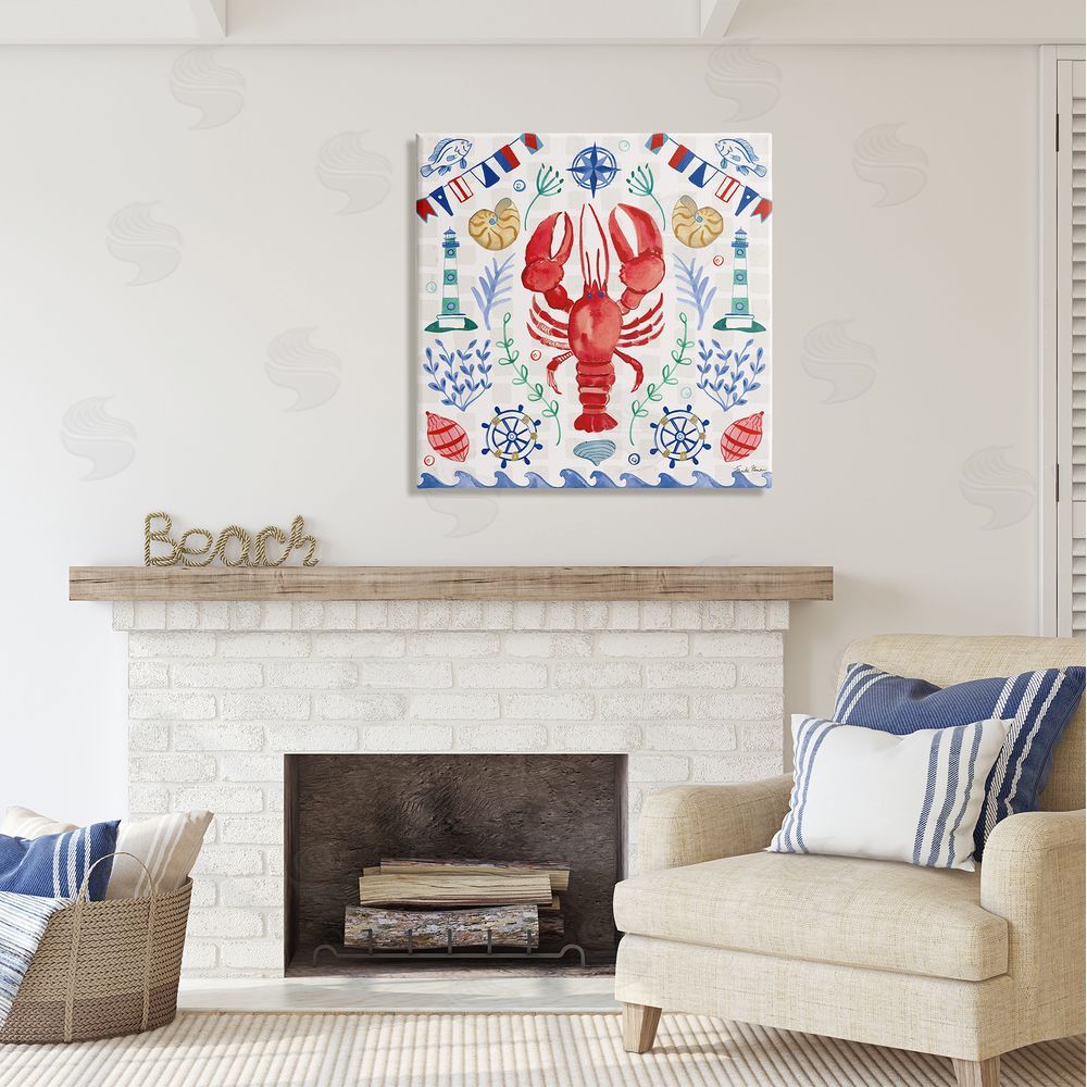 Farida Zaman Lobster on Nautical Pattern Canvas Wall Art in Room