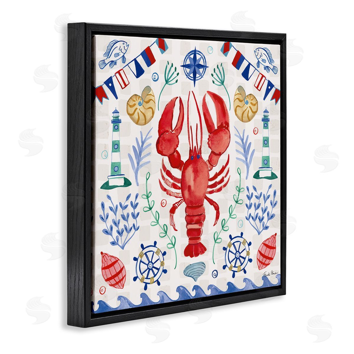 Farida Zaman Lobster on Nautical Pattern Black Floating Frame Canvas Wall Art Print