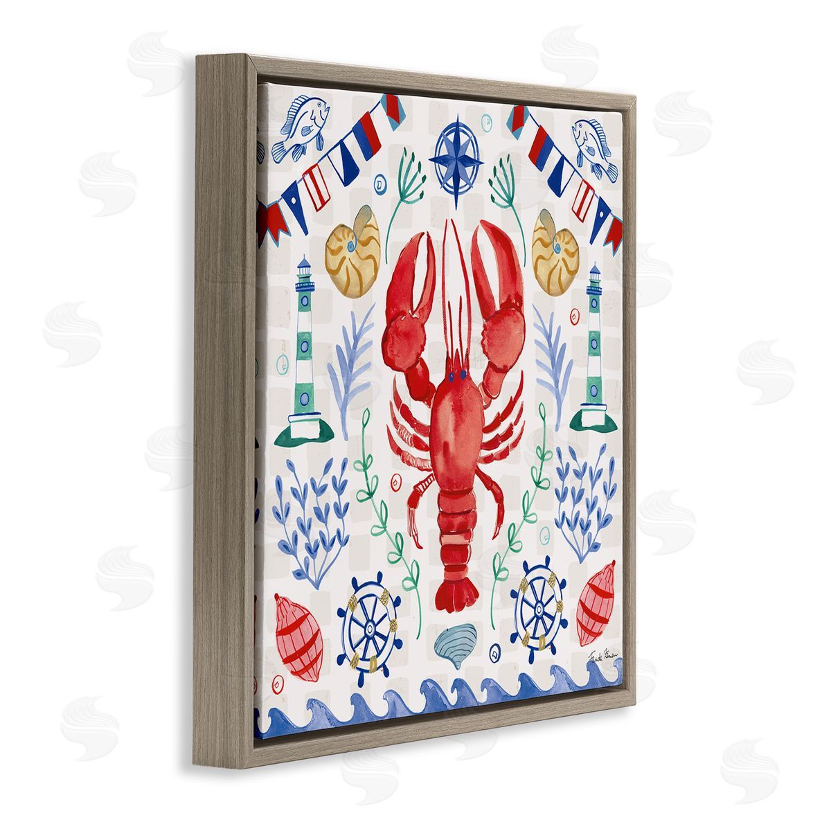 Farida Zaman Lobster on Nautical Pattern Brown Floating Frame Canvas Wall Art Print