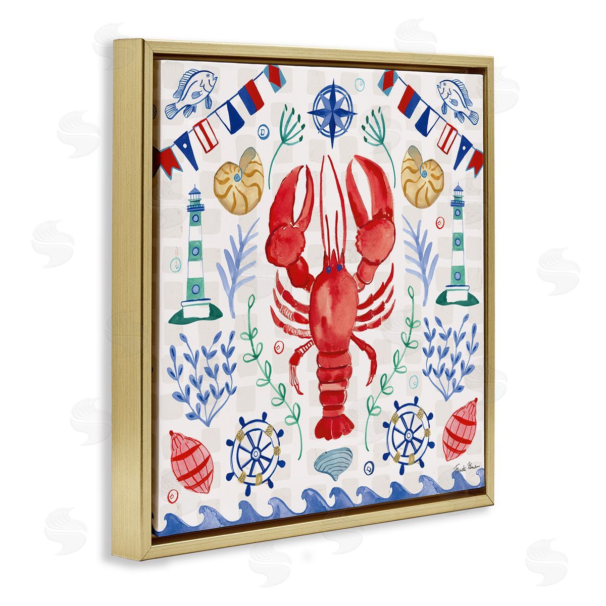Farida Zaman Lobster on Nautical Pattern Gold Floating Frame Canvas Wall Art Print
