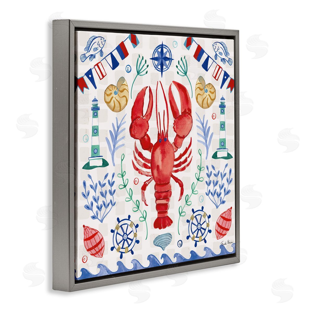 Farida Zaman Lobster on Nautical Pattern Gray Floating Frame Canvas Wall Art Print