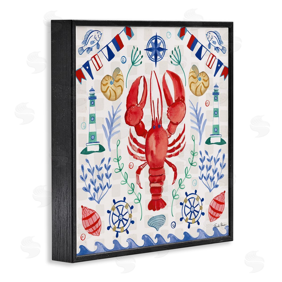 Farida Zaman Lobster on Nautical Pattern Black Framed Glicee Wall Art Print