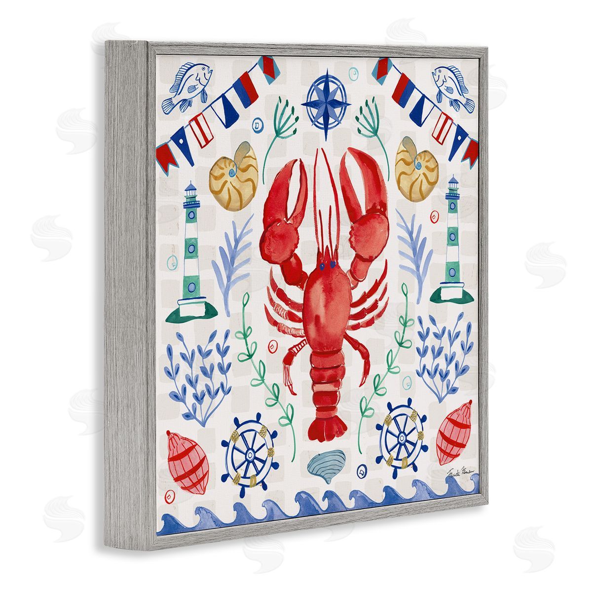Farida Zaman Lobster on Nautical Pattern Gray Framed Glicee Wall Art Print