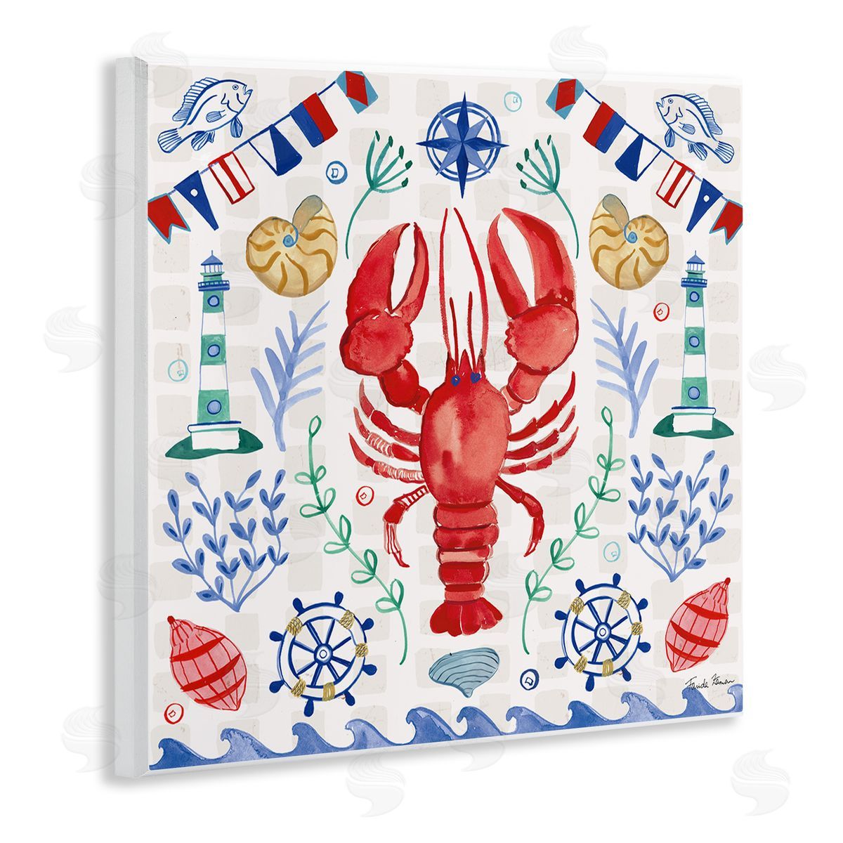 Farida Zaman Lobster on Nautical Pattern Wooden Wall Plaque Art Print