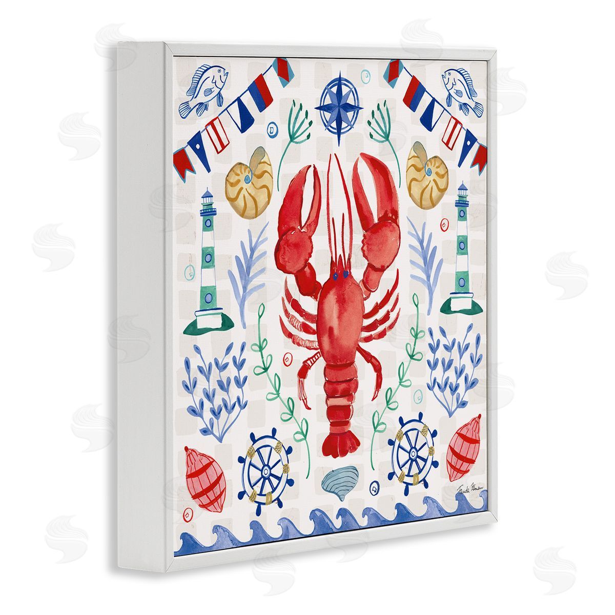 Farida Zaman Lobster on Nautical Pattern White Framed Glicee Wall Art Print