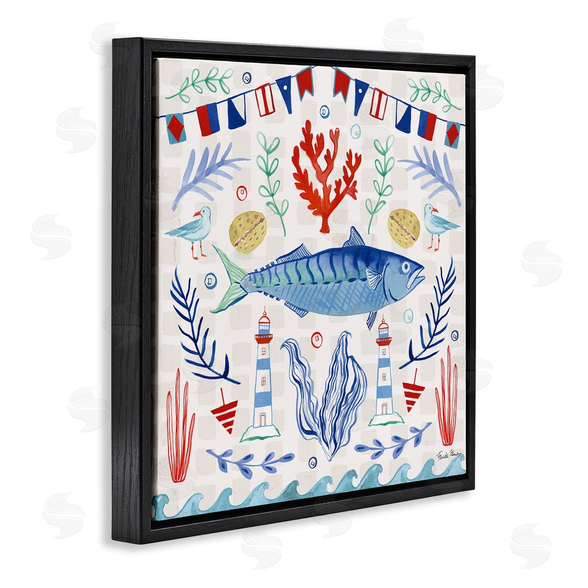 Farida Zaman Maritime Sea Life Pattern Black Floating Frame Canvas Wall Art Print