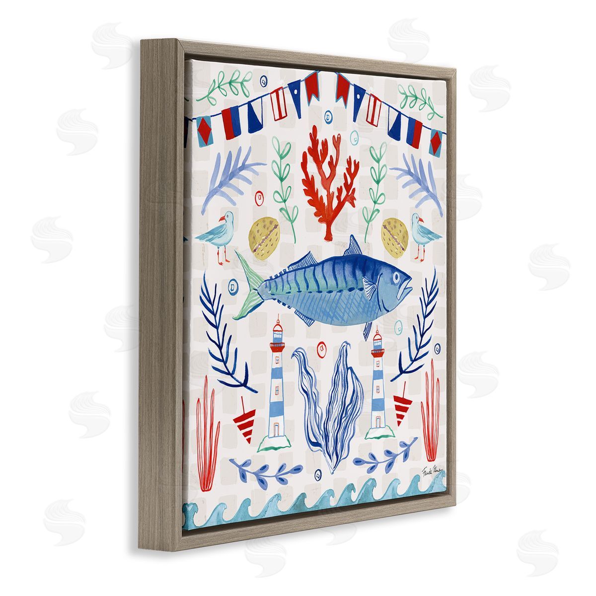 Farida Zaman Maritime Sea Life Pattern Brown Floating Frame Canvas Wall Art Print