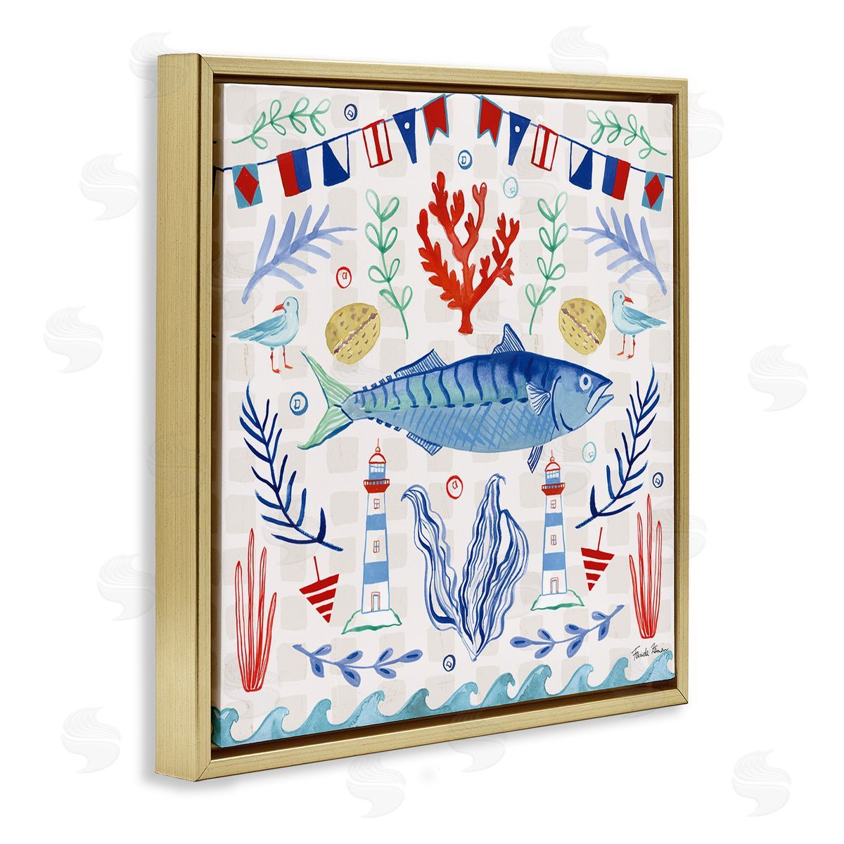 Farida Zaman Maritime Sea Life Pattern Gold Floating Frame Canvas Wall Art Print