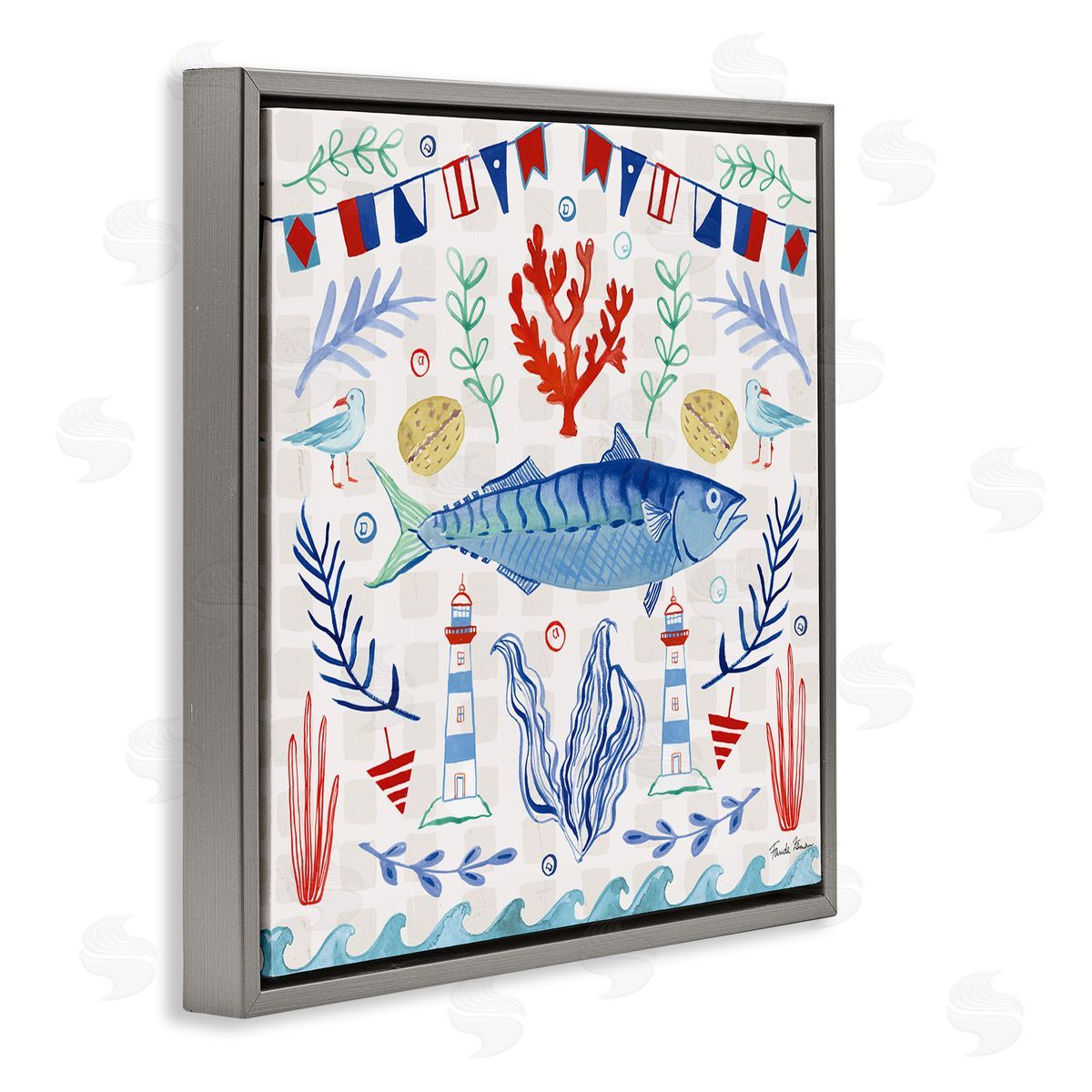 Farida Zaman Maritime Sea Life Pattern Gray Floating Frame Canvas Wall Art Print