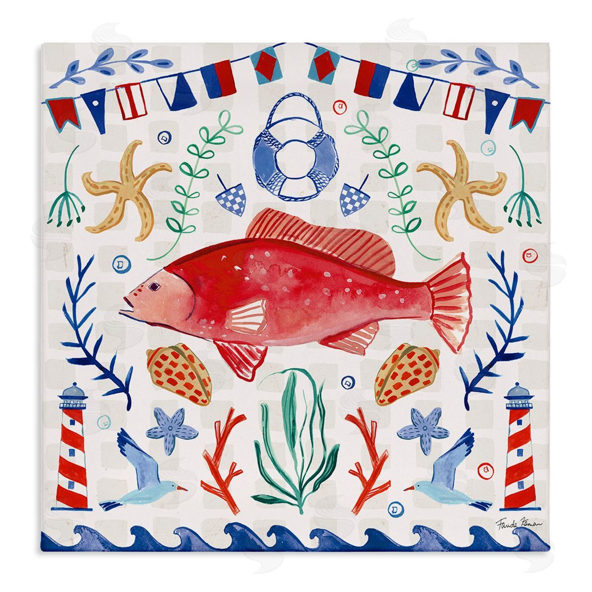 Farida Zaman Nautical Patterned Fish Stretched Canvas Wall Art Print