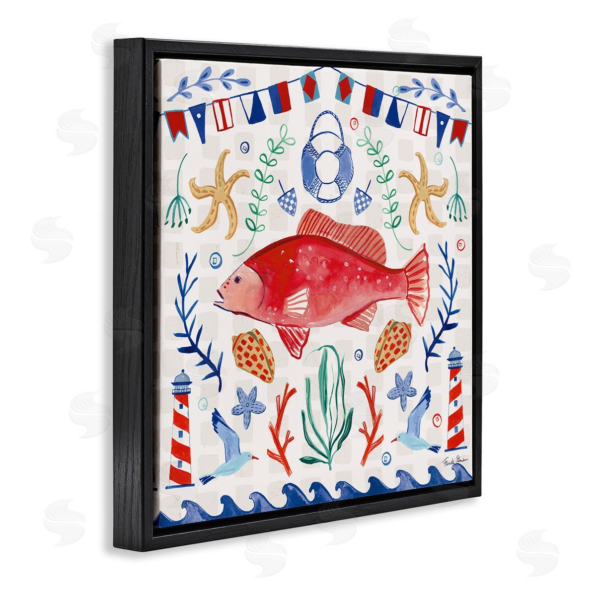 Farida Zaman Nautical Patterned Fish Black Floating Frame Canvas Wall Art Print