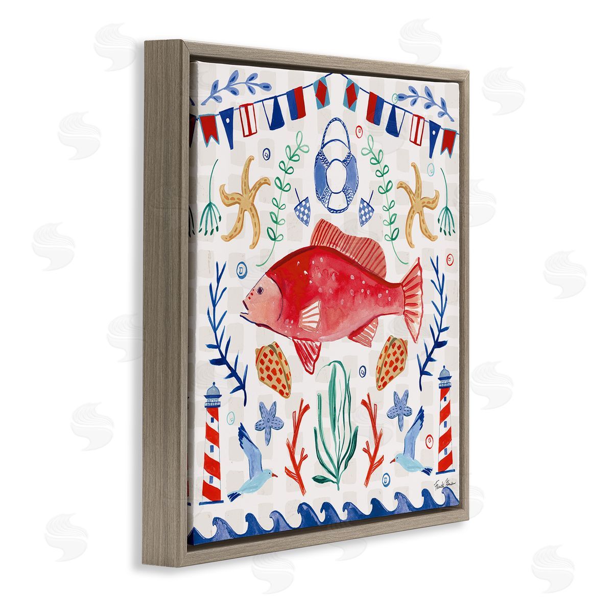 Farida Zaman Nautical Patterned Fish Brown Floating Frame Canvas Wall Art Print