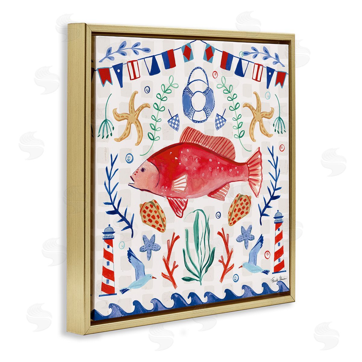 Farida Zaman Nautical Patterned Fish Gold Floating Frame Canvas Wall Art Print