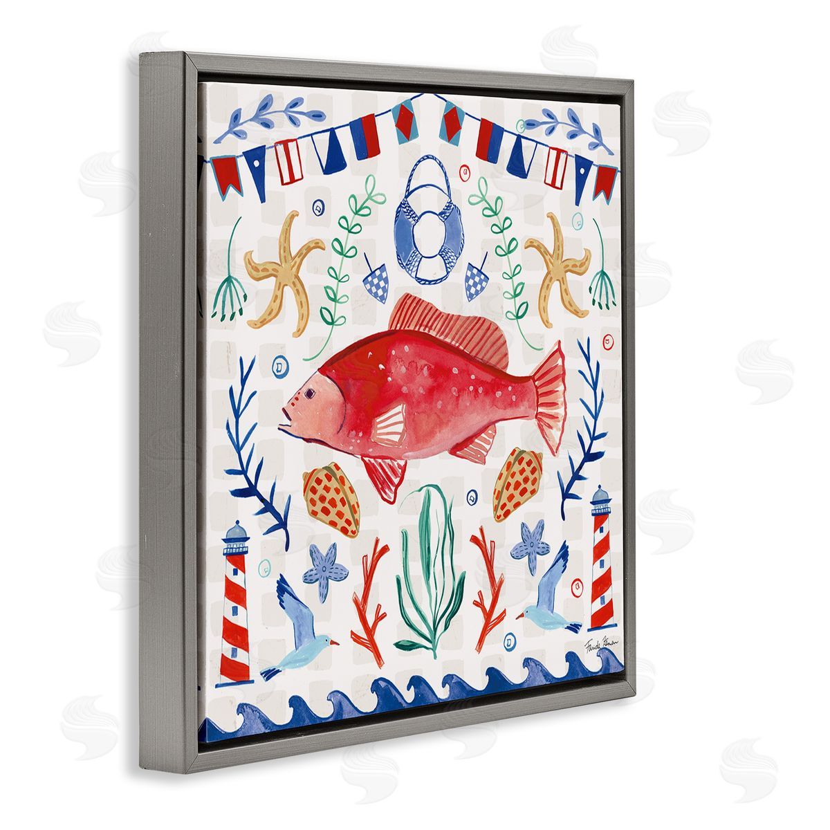 Farida Zaman Nautical Patterned Fish Gray Floating Frame Canvas Wall Art Print