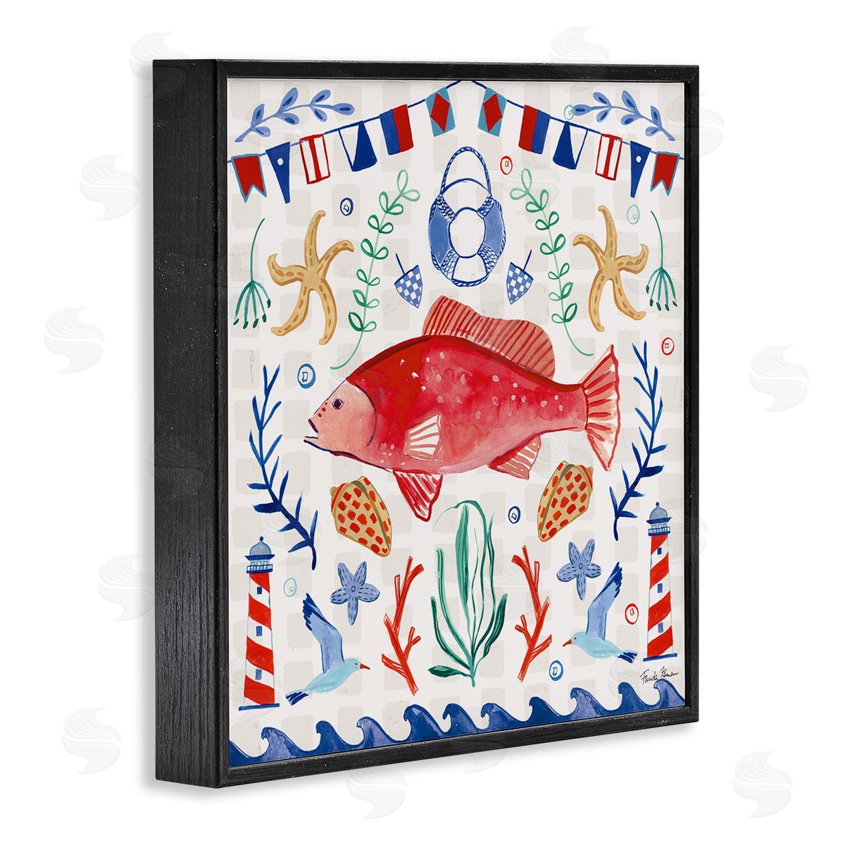 Farida Zaman Nautical Patterned Fish Black Framed Glicee Wall Art Print