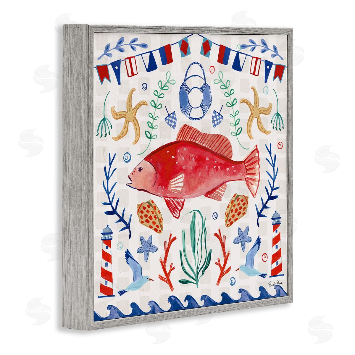 Farida Zaman Nautical Patterned Fish Gray Framed Glicee Wall Art Print