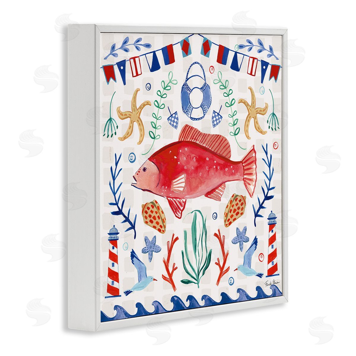 Farida Zaman Nautical Patterned Fish White Framed Glicee Wall Art Print