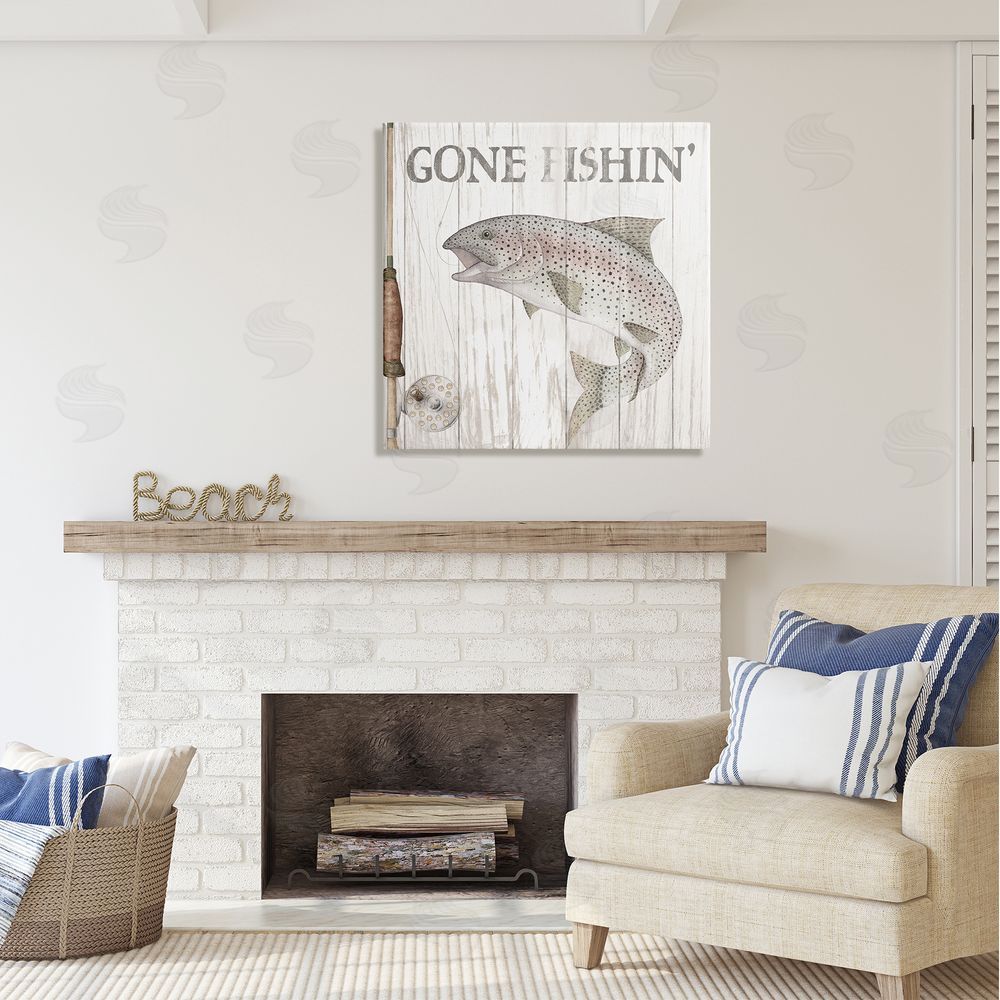 Wild Apple Portfolio Gone Fishin' Rustic Angler Canvas Wall Art in Room