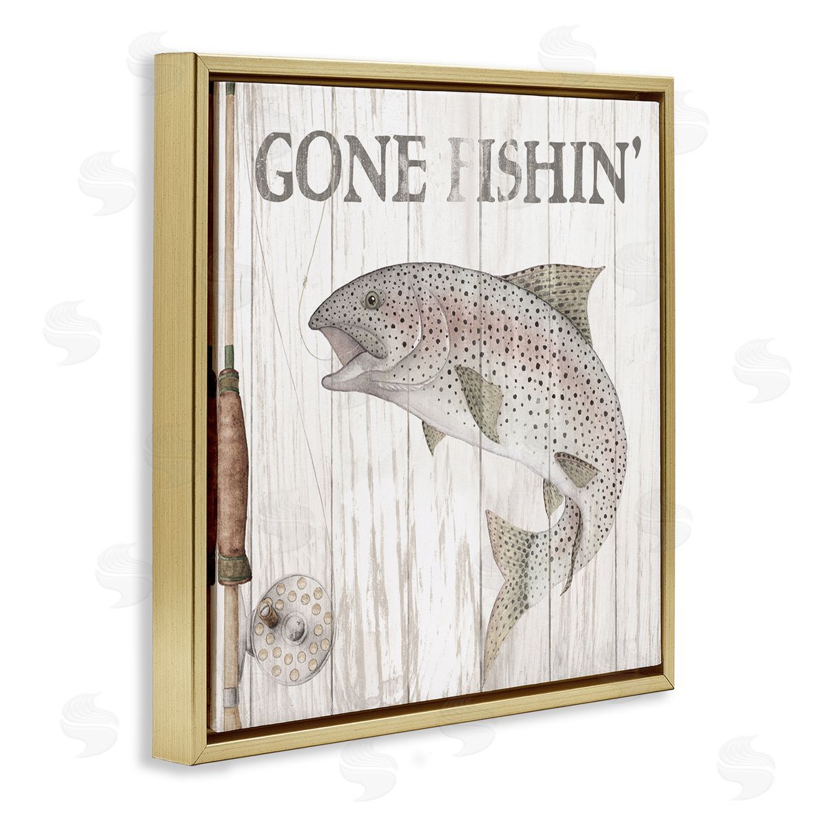 Wild Apple Portfolio Gone Fishin' Rustic Angler Gold Floating Frame Canvas Wall Art Print