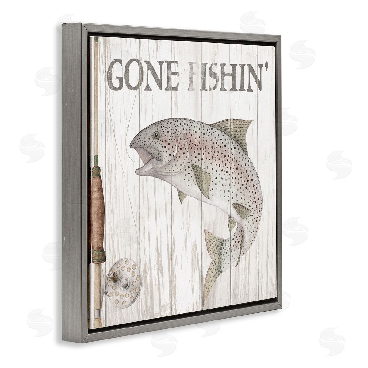 Wild Apple Portfolio Gone Fishin' Rustic Angler Gray Floating Frame Canvas Wall Art Print