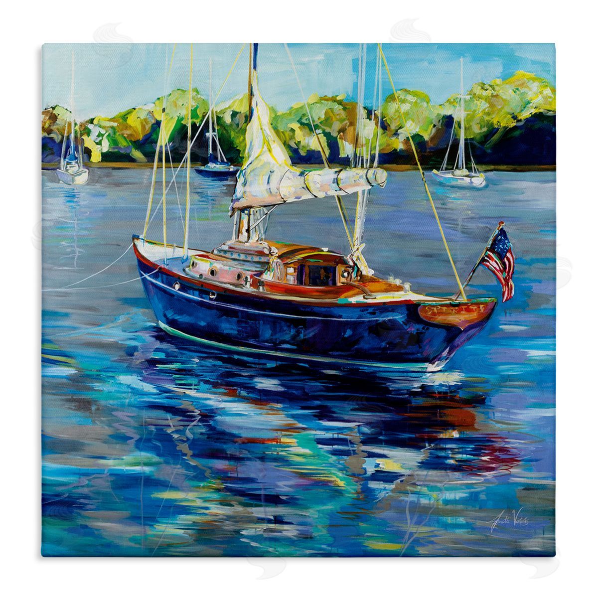 Jeanette Vertentes Boat with American Flag Stretched Canvas Wall Art Print