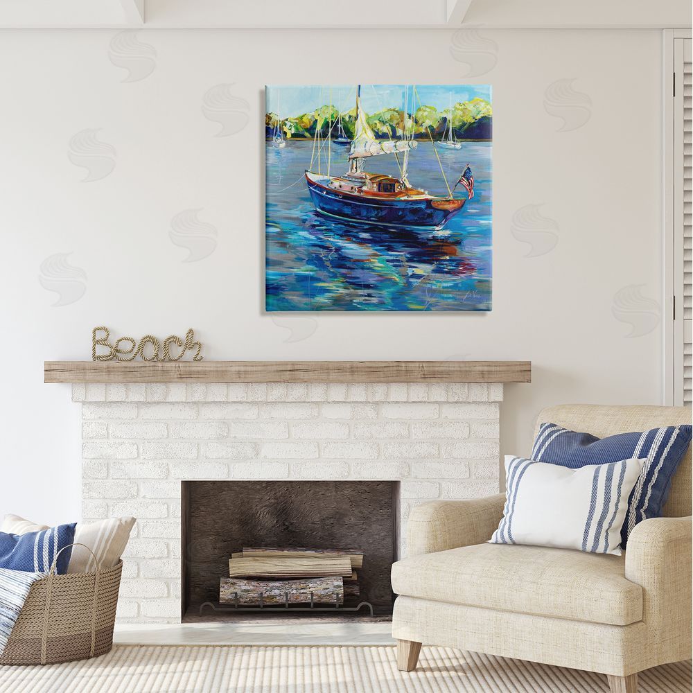 Jeanette Vertentes Boat with American Flag Canvas Wall Art in Room