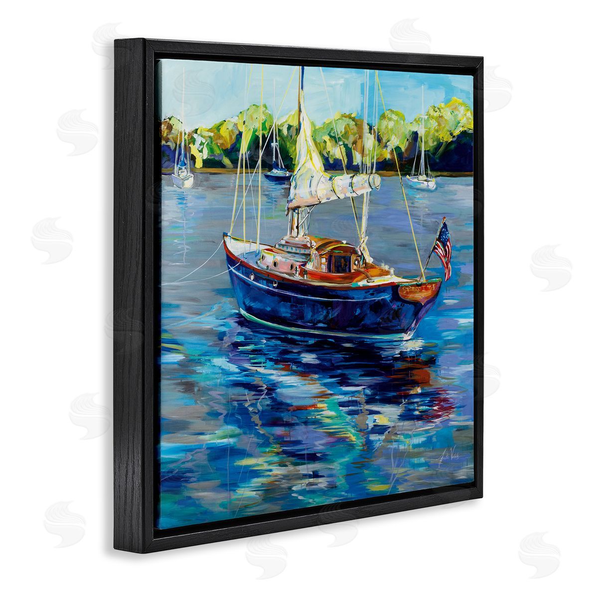 Jeanette Vertentes Boat with American Flag Black Floating Frame Canvas Wall Art Print