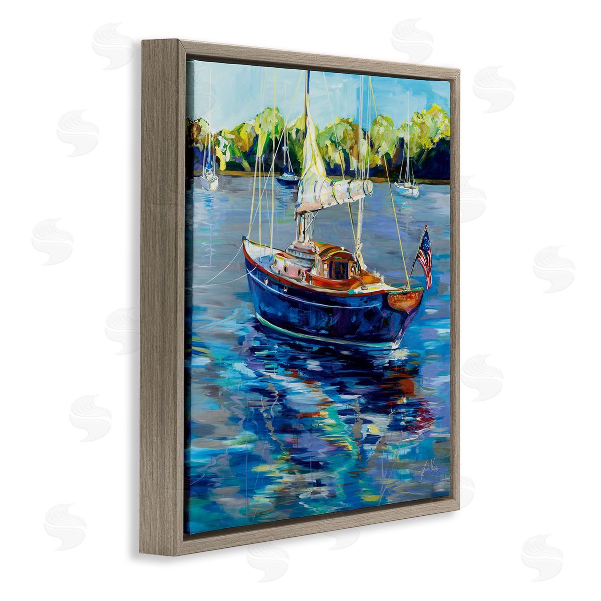 Jeanette Vertentes Boat with American Flag Brown Floating Frame Canvas Wall Art Print