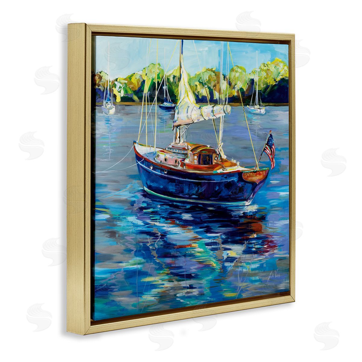 Jeanette Vertentes Boat with American Flag Gold Floating Frame Canvas Wall Art Print