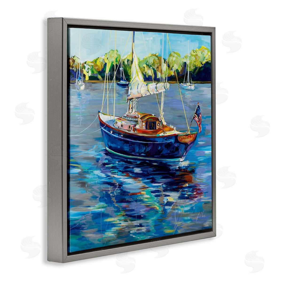 Jeanette Vertentes Boat with American Flag Gray Floating Frame Canvas Wall Art Print