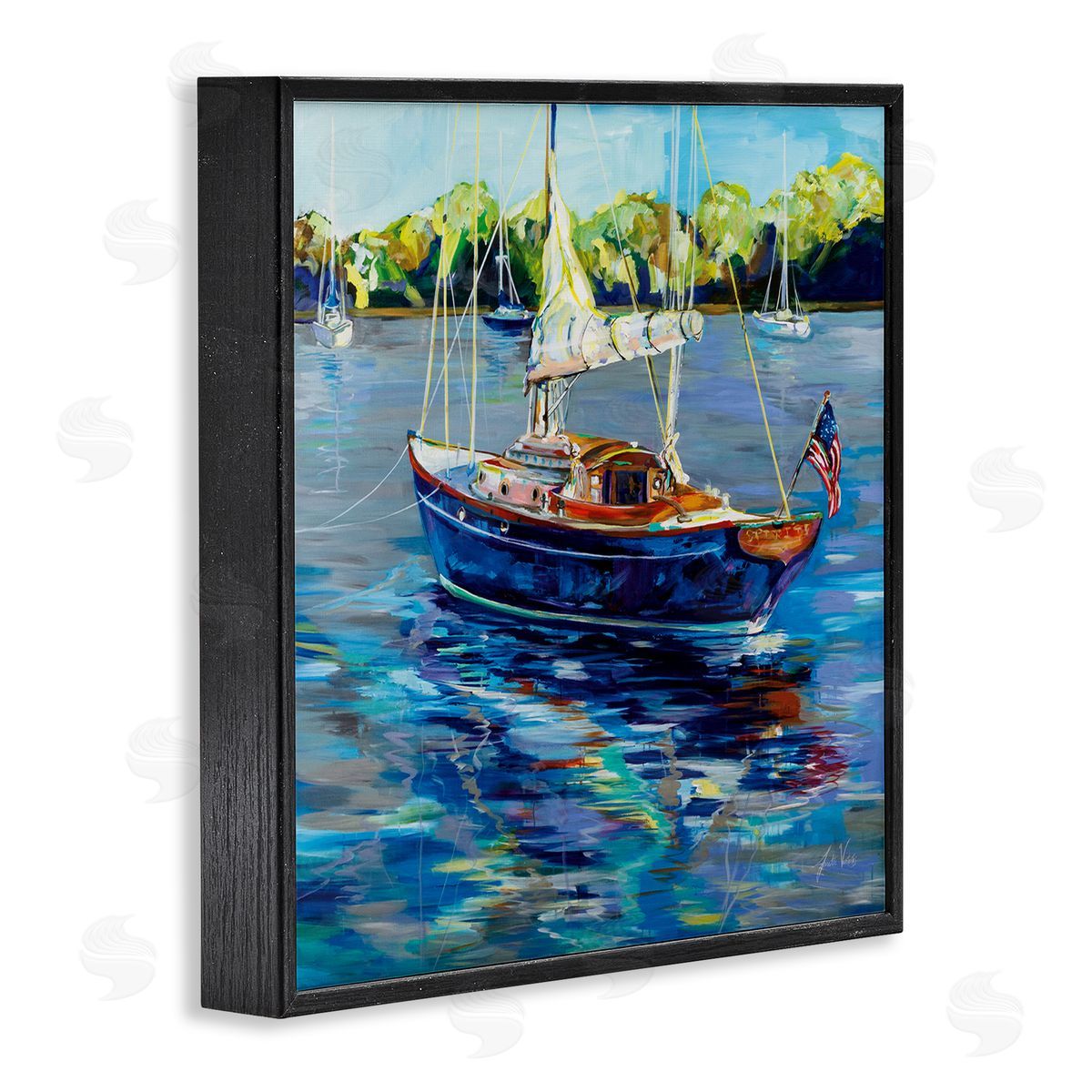 Jeanette Vertentes Boat with American Flag Black Framed Glicee Wall Art Print