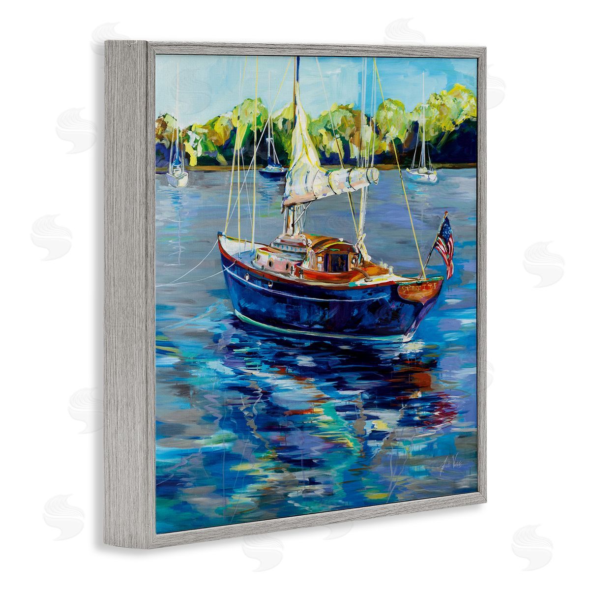 Jeanette Vertentes Boat with American Flag Gray Framed Glicee Wall Art Print
