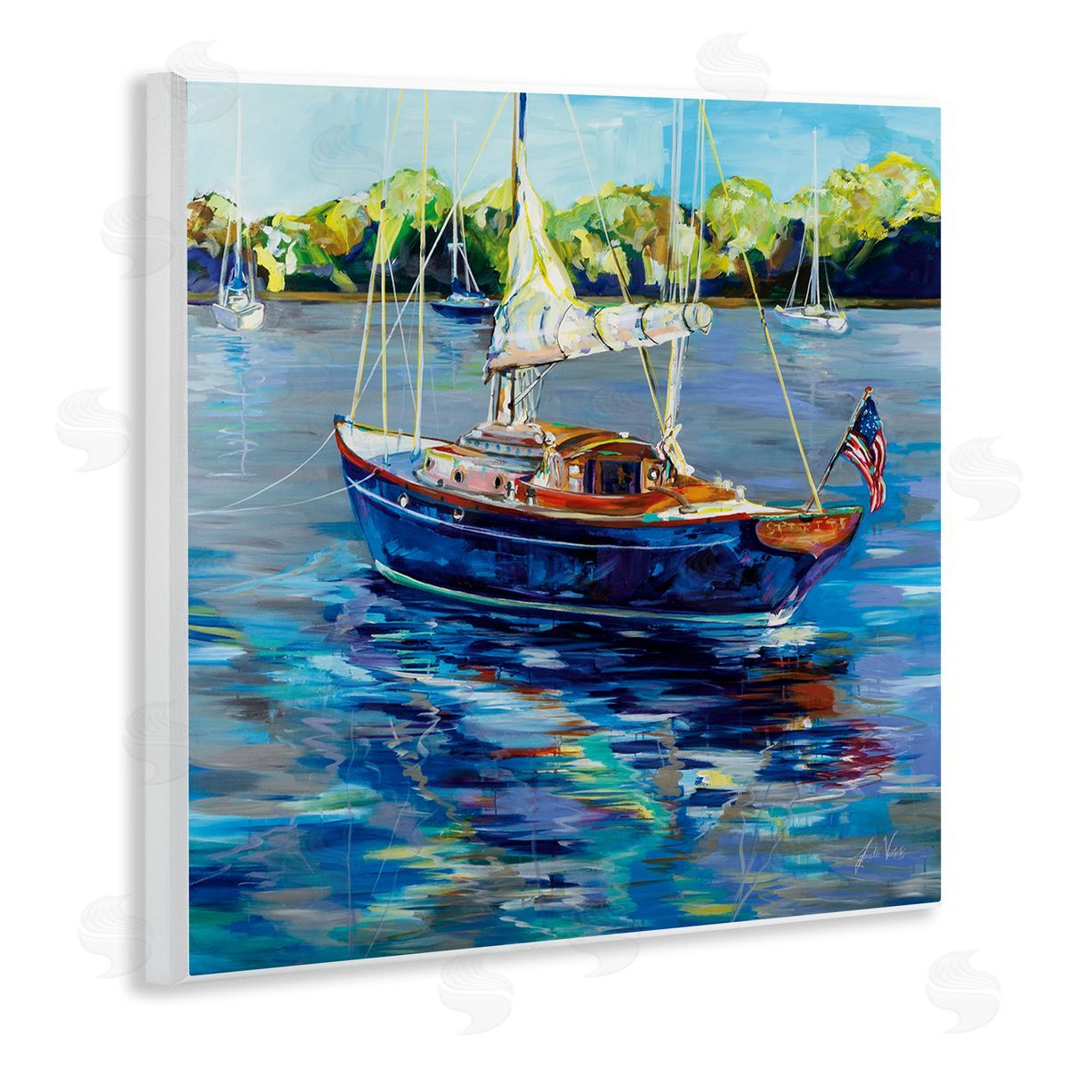 Jeanette Vertentes Boat with American Flag Wooden Wall Plaque Art Print