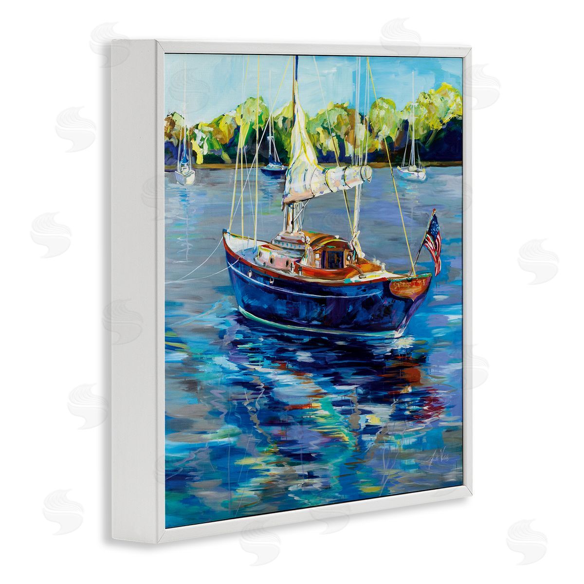 Jeanette Vertentes Boat with American Flag White Framed Glicee Wall Art Print