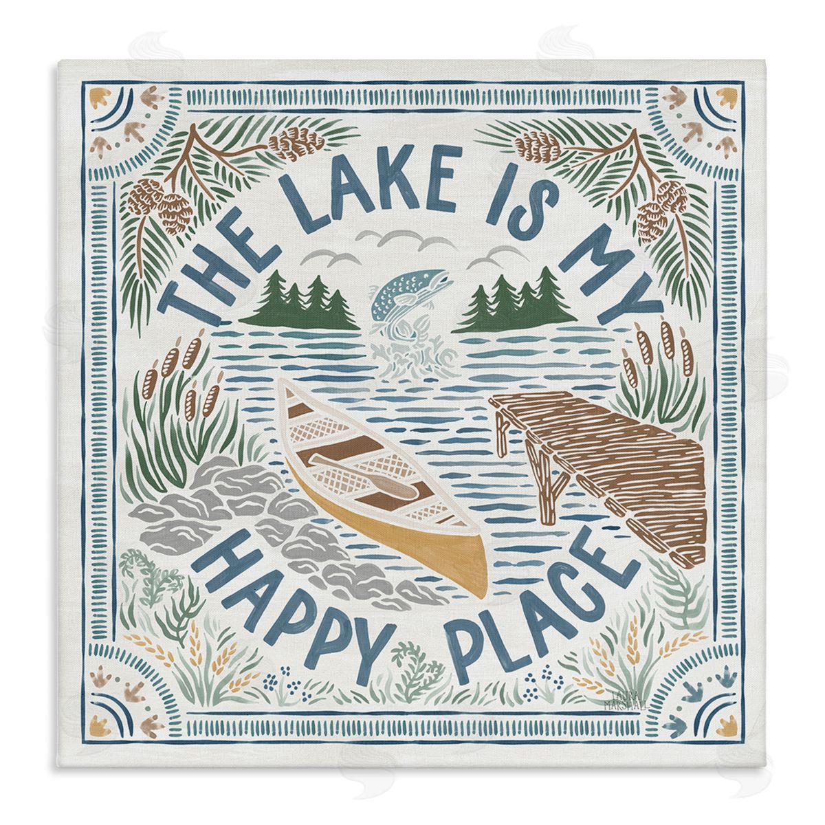 Laura Marshall My Happy Place Lake Phrase Stretched Canvas Wall Art Print