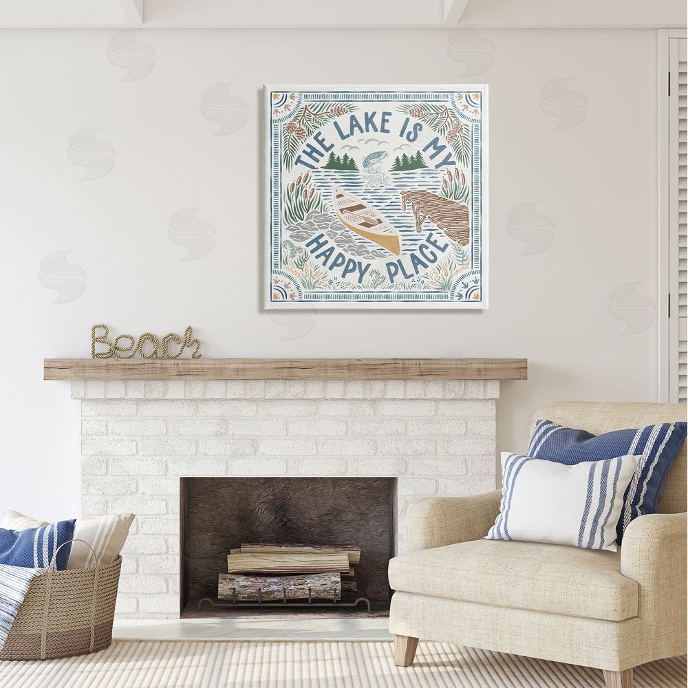 Laura Marshall My Happy Place Lake Phrase Canvas Wall Art in Room