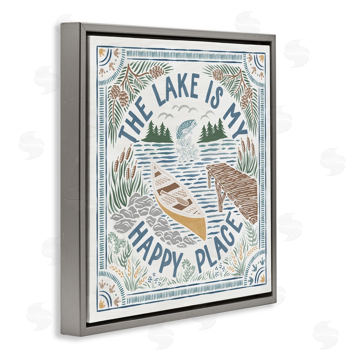 Laura Marshall My Happy Place Lake Phrase Gray Floating Frame Canvas Wall Art Print