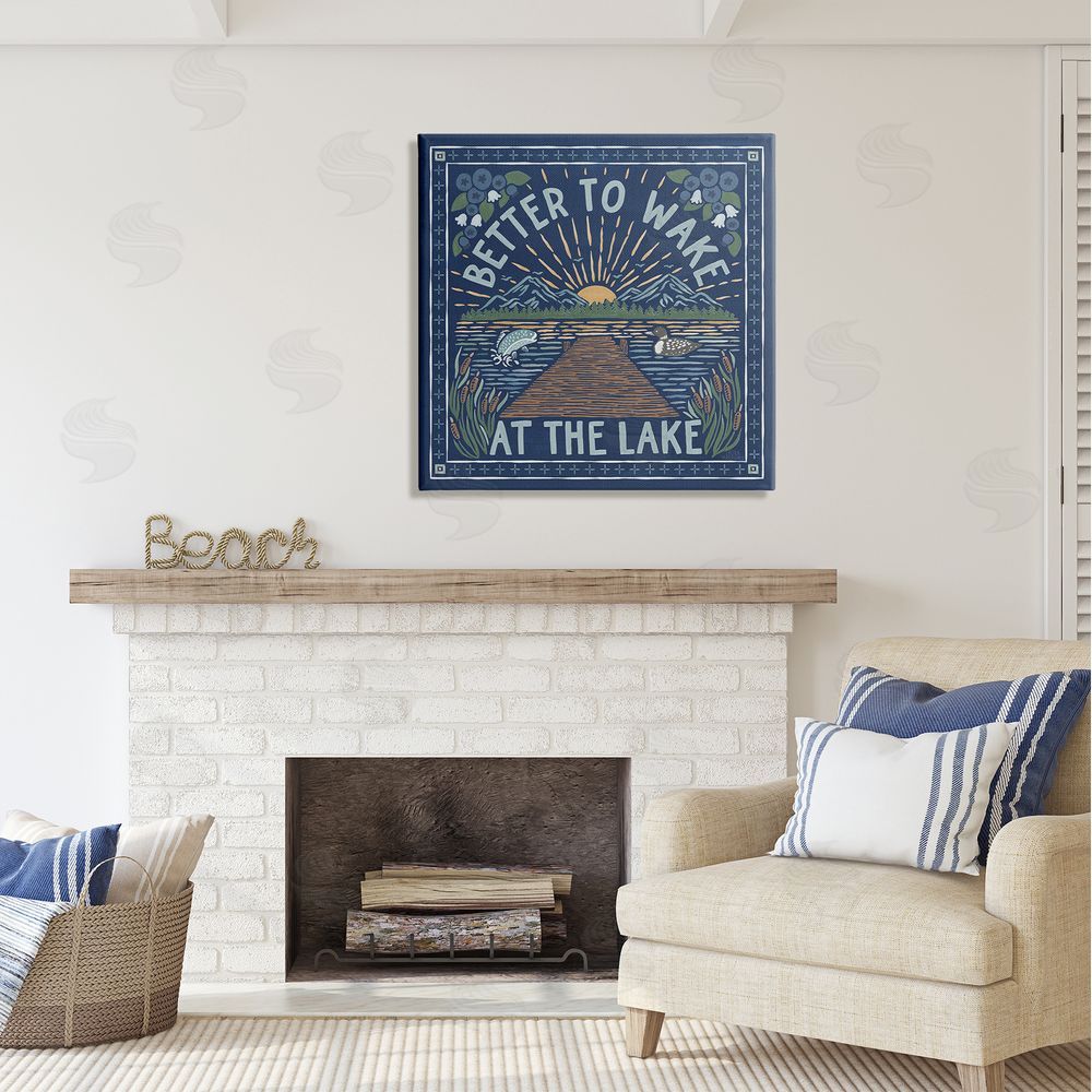 Laura Marshall Blue Wake at Lake Phrase Canvas Wall Art in Room