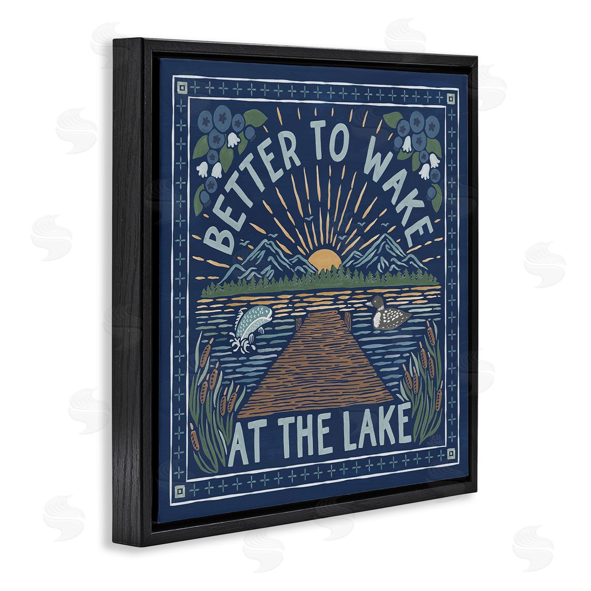 Laura Marshall Blue Wake at Lake Phrase Black Floating Frame Canvas Wall Art Print