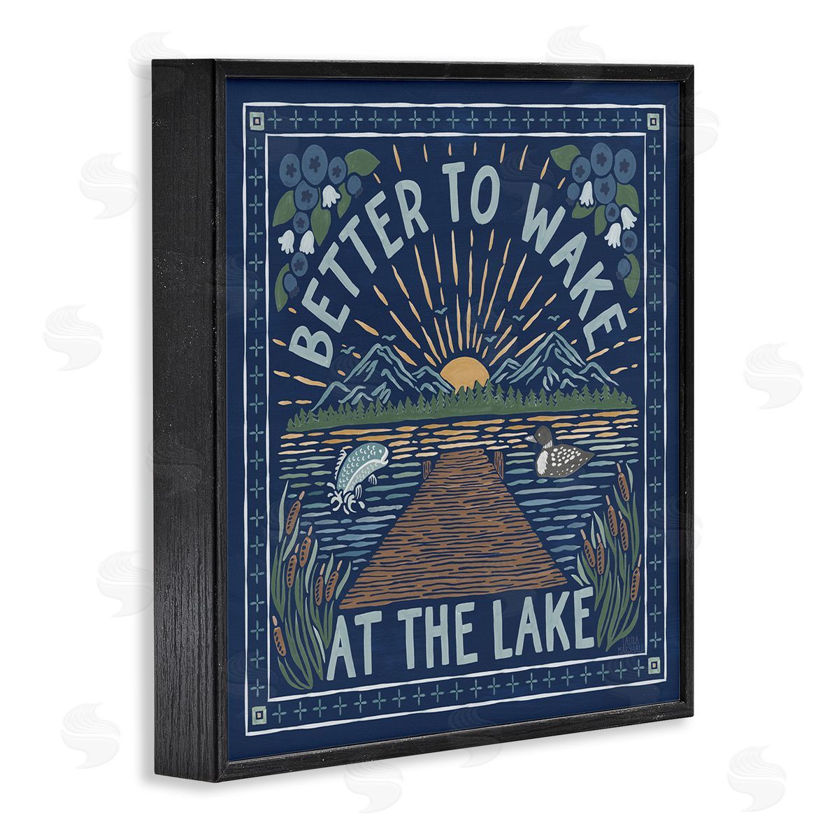 Laura Marshall Blue Wake at Lake Phrase Black Framed Glicee Wall Art Print