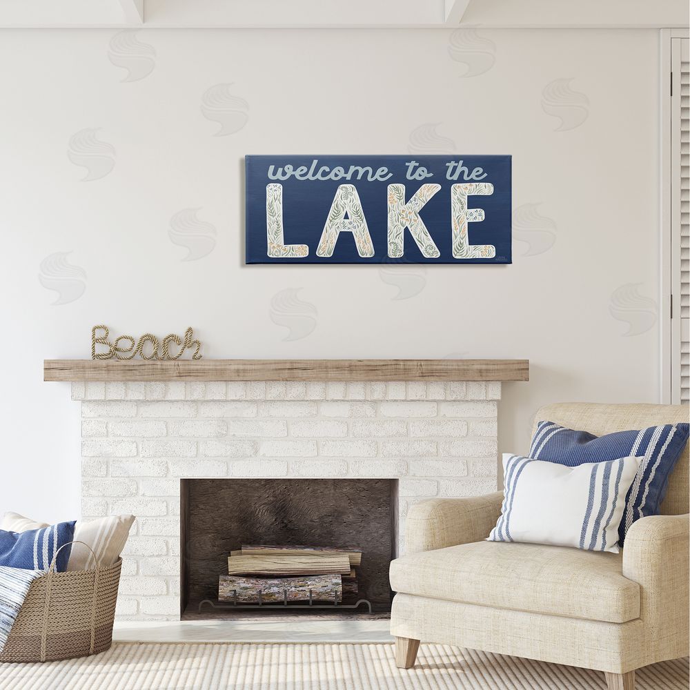 Laura Marshall Welcome Lake Floral Phrase Canvas Wall Art in Room