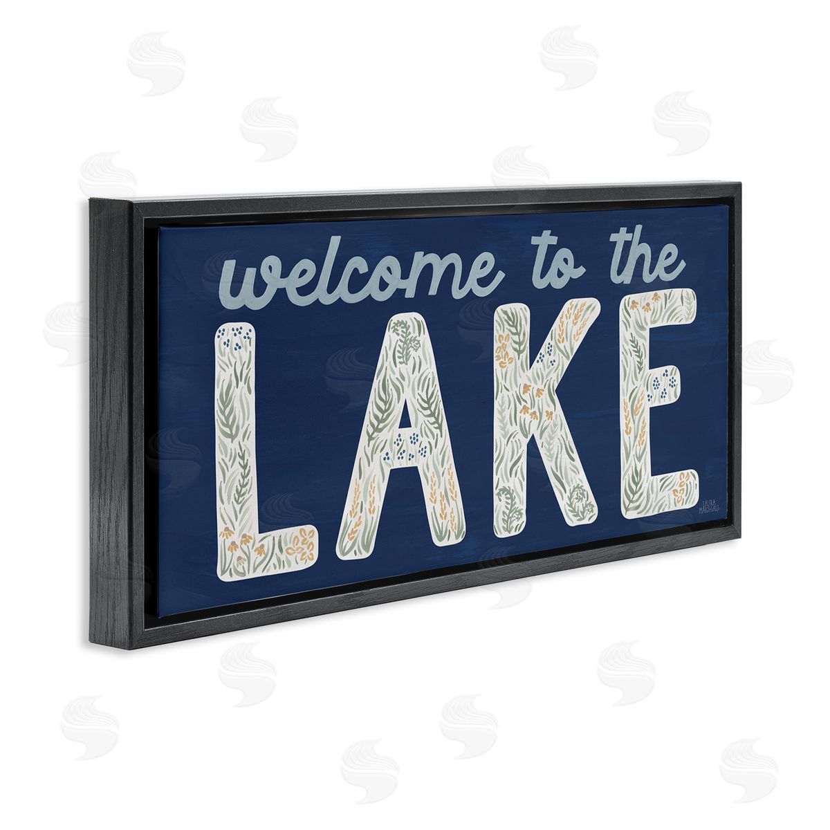 Laura Marshall Welcome Lake Floral Phrase Black Floating Frame Canvas Wall Art Print