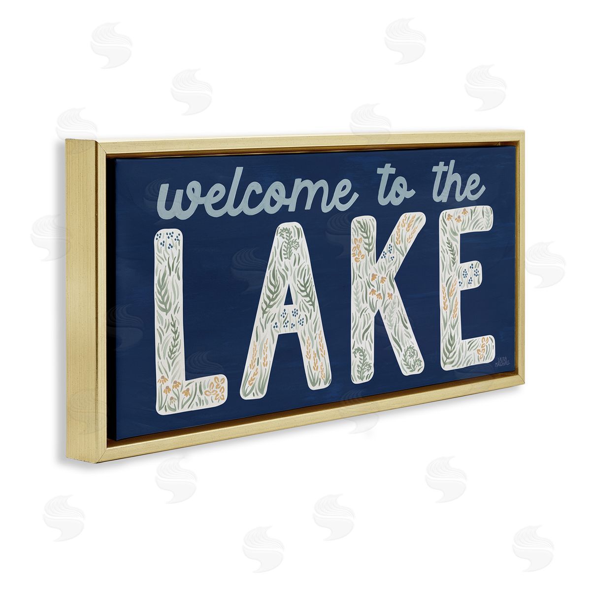 Laura Marshall Welcome Lake Floral Phrase Gold Floating Frame Canvas Wall Art Print