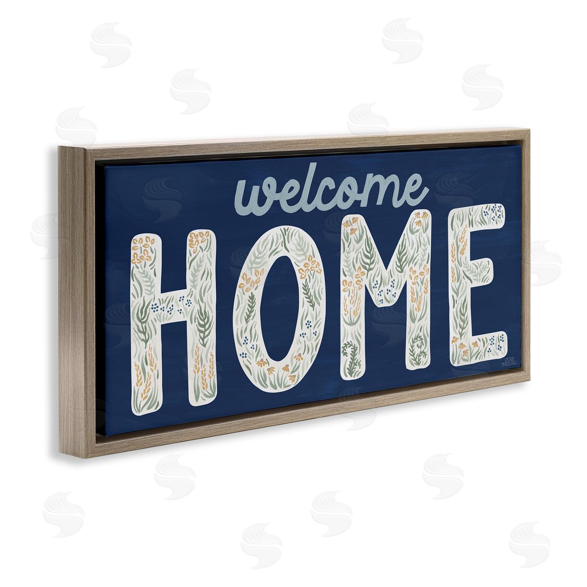 Laura Marshall Floral Welcome Phrase Brown Floating Frame Canvas Wall Art Print