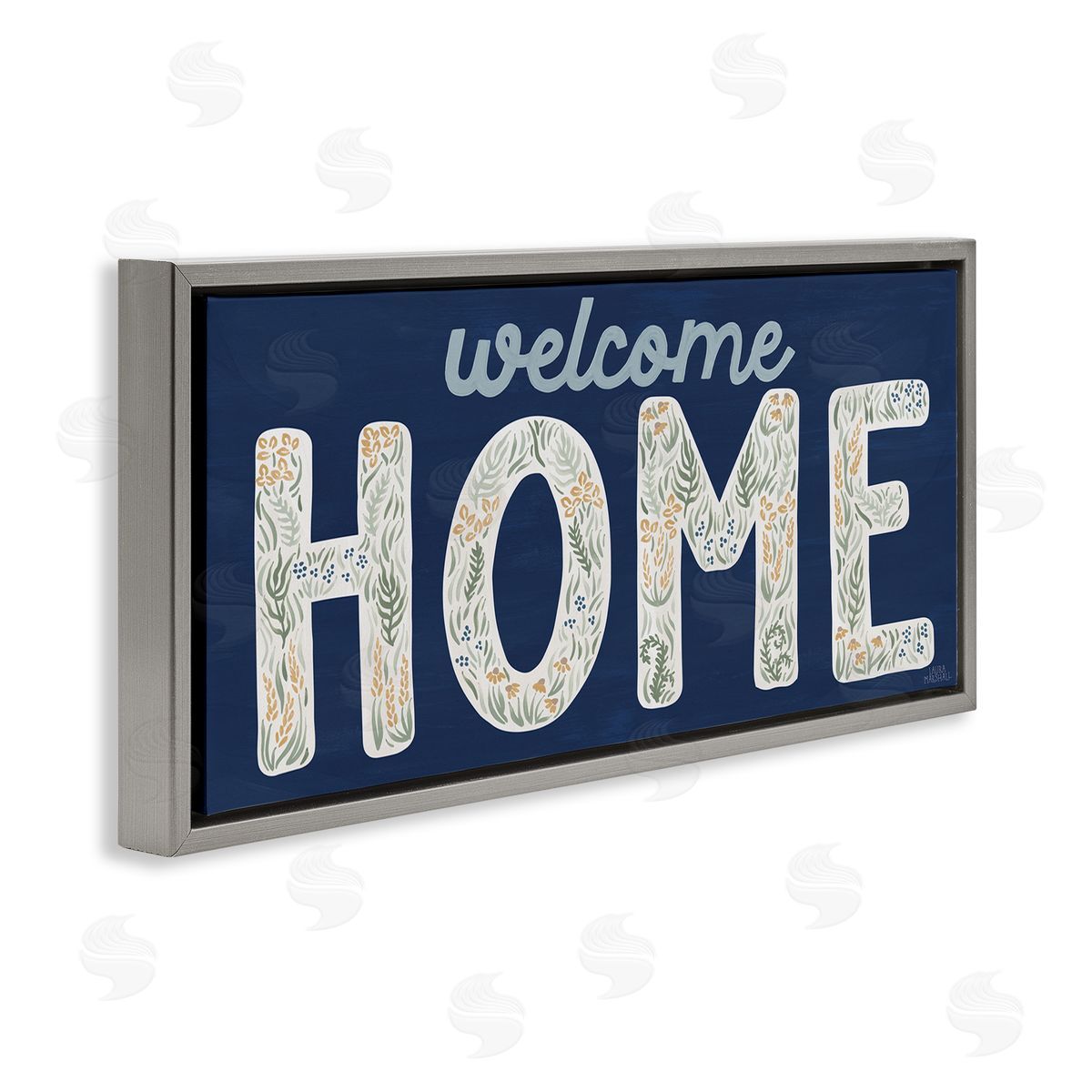 Laura Marshall Floral Welcome Phrase Gray Floating Frame Canvas Wall Art Print