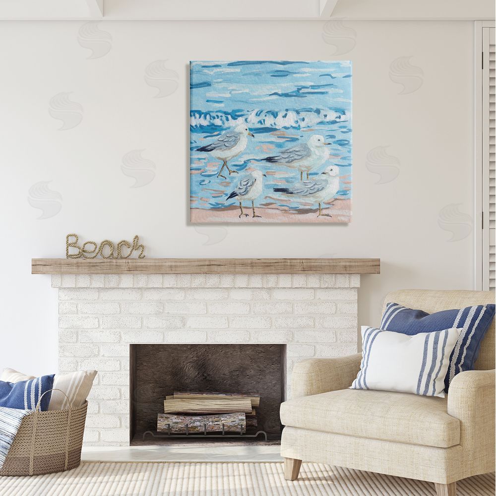 Melissa Wang Modern Sea Birds on Shore Canvas Wall Art in Room