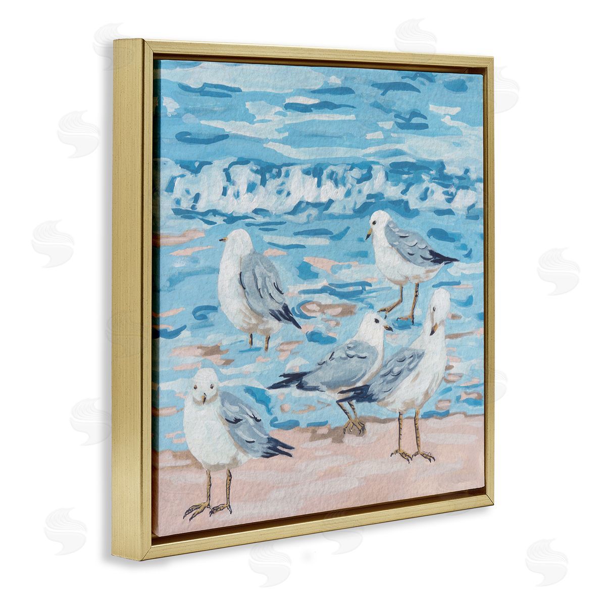 Melissa Wang Seagulls on Beach Shore Gold Floating Frame Canvas Wall Art Print