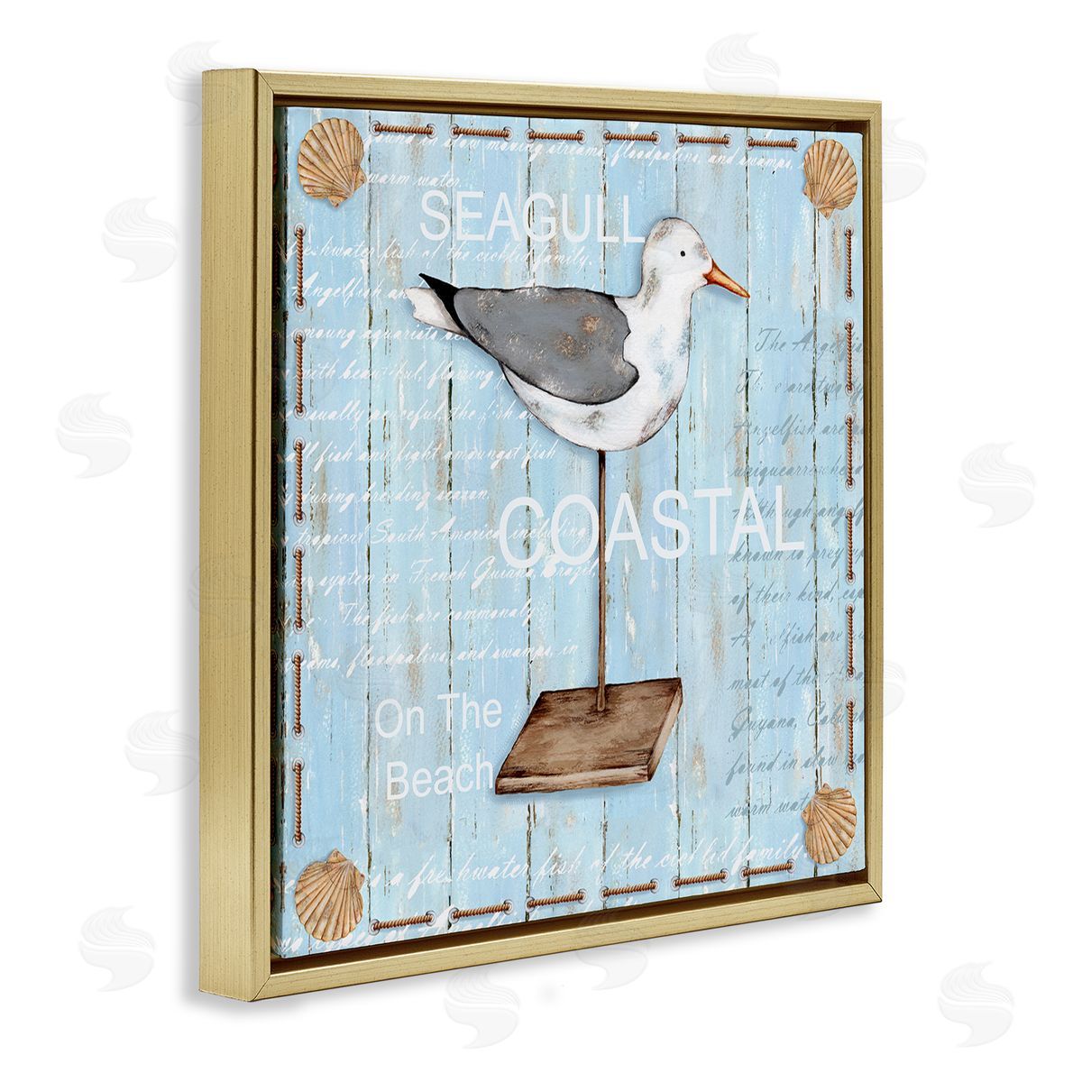 Emma Leach Rustic Blue Seagull Gold Floating Frame Canvas Wall Art Print