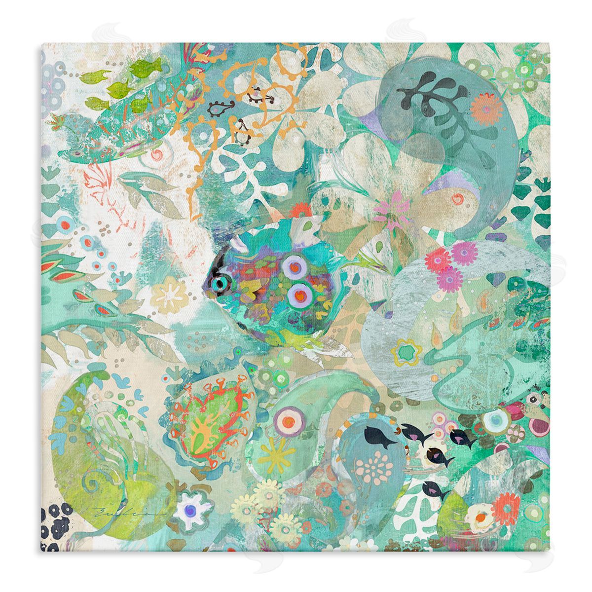 Evelia Designs Green Paisley Fish Pattern Stretched Canvas Wall Art Print